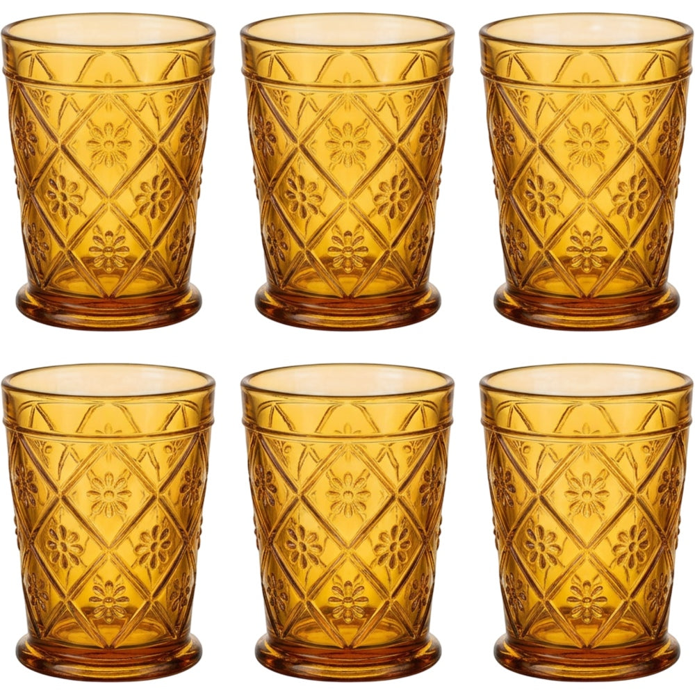 Vibns Prismbloom Amber Embossed Glasses 10 oz Set of 6 - Product view