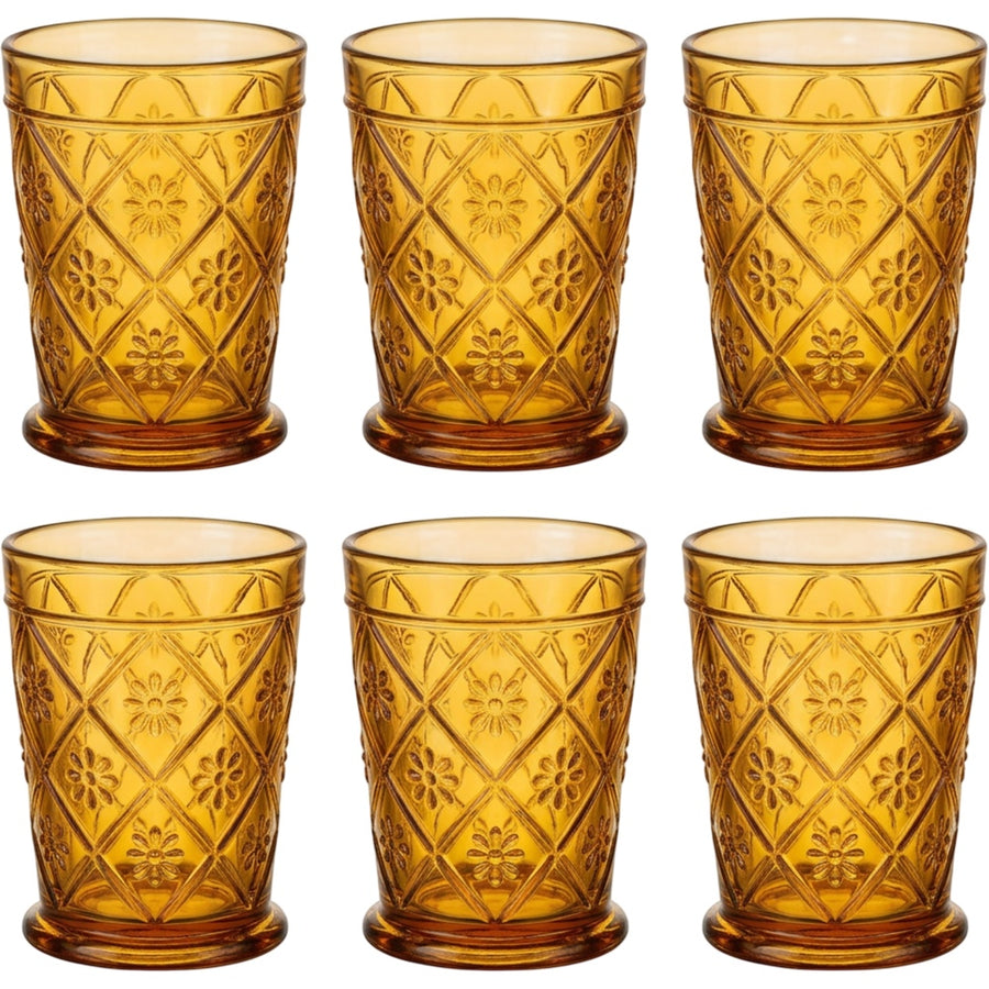 Vibns Prismbloom Amber Embossed Glasses 10 oz Set of 6