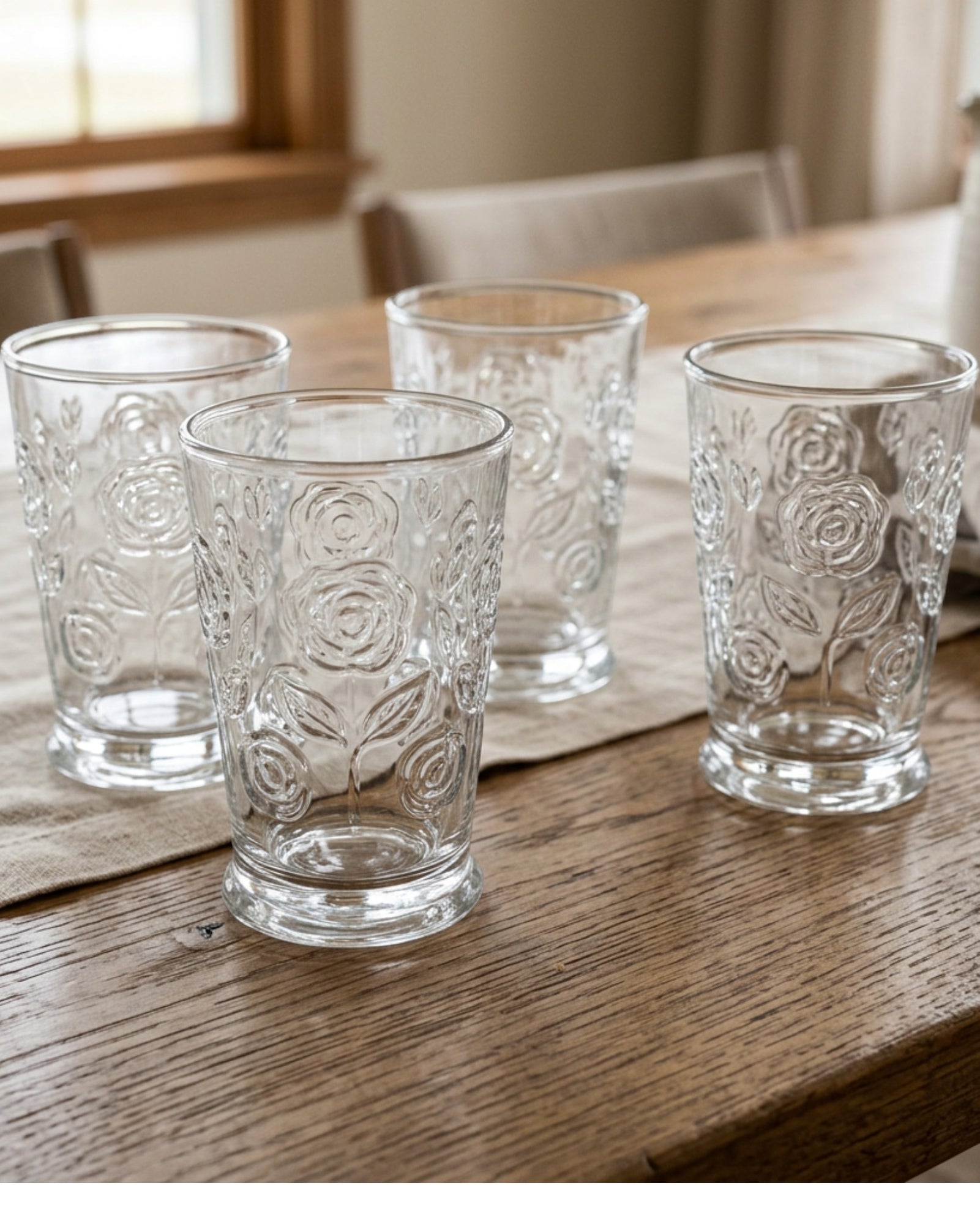 Vibns Rosettefield Clear Embossed Tumblers 12 oz Set of 4 - Lifestyle view
