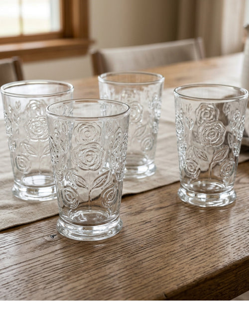 Vibns Rosettefield Clear Embossed Tumblers 12 oz Set of 4 - Lifestyle view