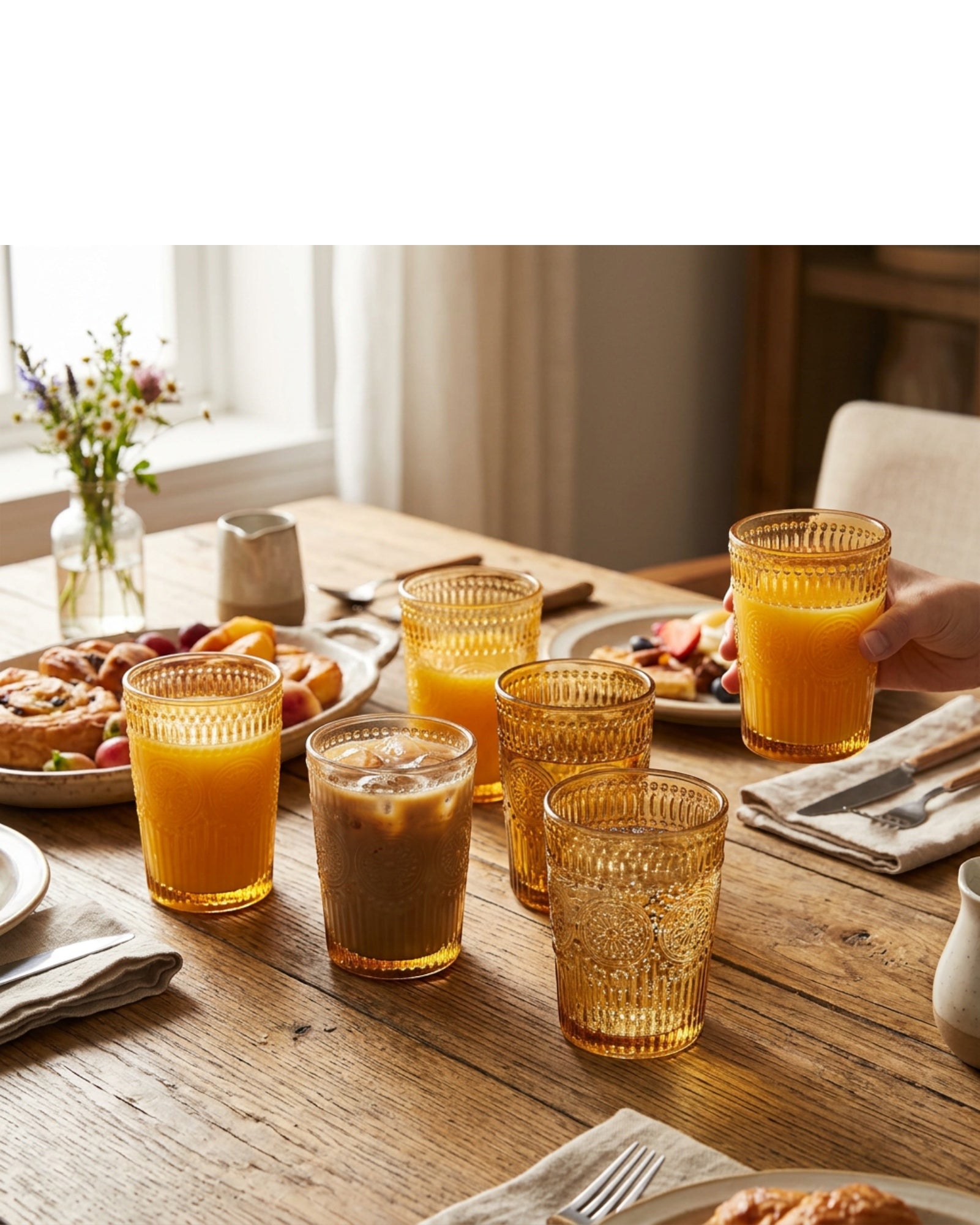 Vibns Vintage Embossed Glass Cups Amber 10 oz Set of 6