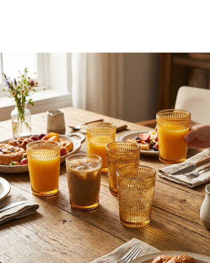 Vibns Vintage Embossed Glass Cups Amber 10 oz Set of 6
