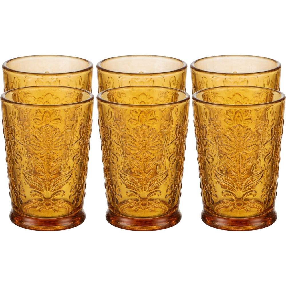 Vibns Vintage Embossed Glass Cups Amber 10 oz Set of 6