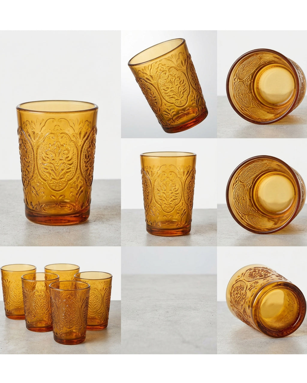 Vibns Vintage Embossed Glass Cups Amber 10 oz Set of 6