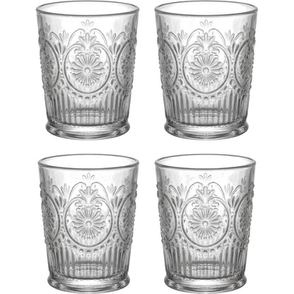 Vibns Vintage Embossed Glass Tumblers Clear 12 oz Set of 4