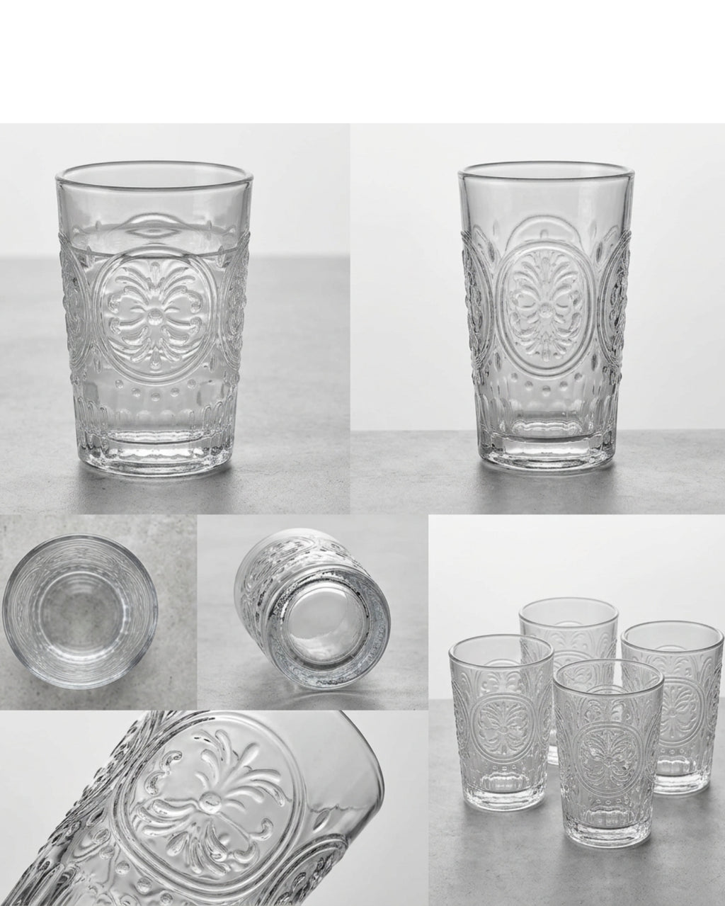 Vibns Vintage Embossed Glass Tumblers Clear 12 oz Set of 4